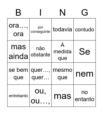 Bingo das Conjunções Bingo Card