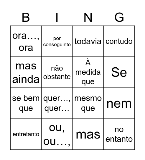Bingo das Conjunções Bingo Card