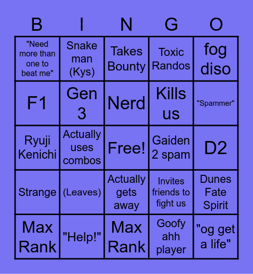 Shindo Random Killing Bingo Board Bingo Card