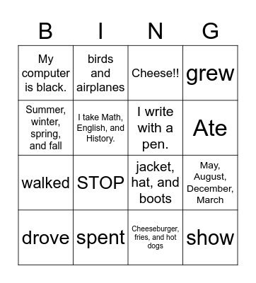 BINGO 2nd year students Bingo Card