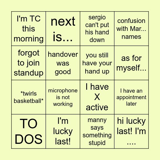 Standup Bingo Card