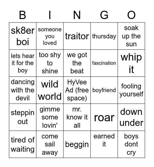 Songs HyVee Plays Way Too Much Bingo Card