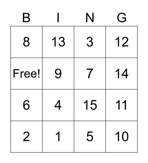 Numbers 1-15 Bingo Card