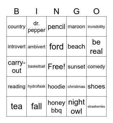 Payton's Bingo Card