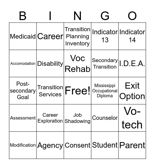 Transition Bingo Card