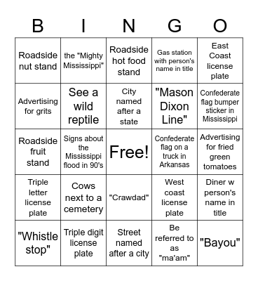 Great George Road Trip Bingo Card