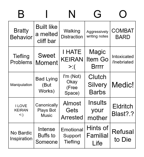 Keiran Bingo Card