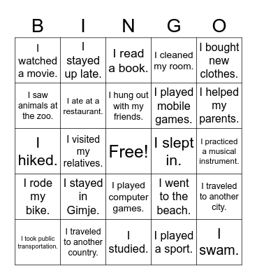 Summer Break Bingo Card