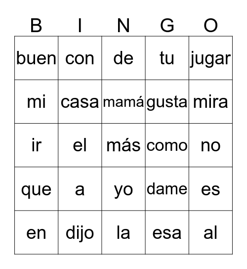 Palabras de uso frecuente (25) Bingo Card