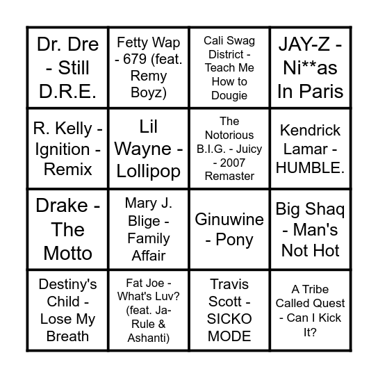Prince Bingo - Hip Hop Classics Bingo Card