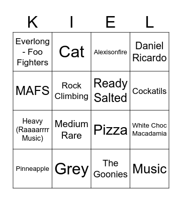 Kiel Bingo Card