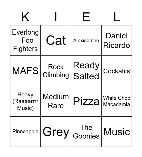 Kiel Bingo Card
