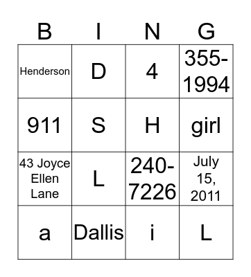 Dallis Henderson Bingo Card