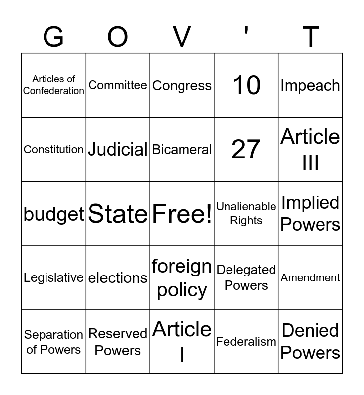 Constitutional Review Bingo Card