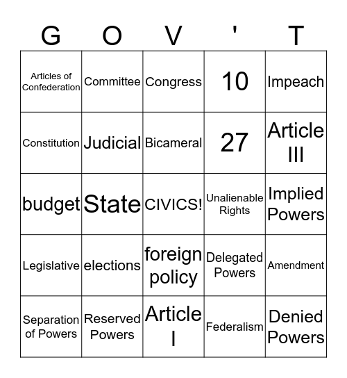 Constitutional Review Bingo Card