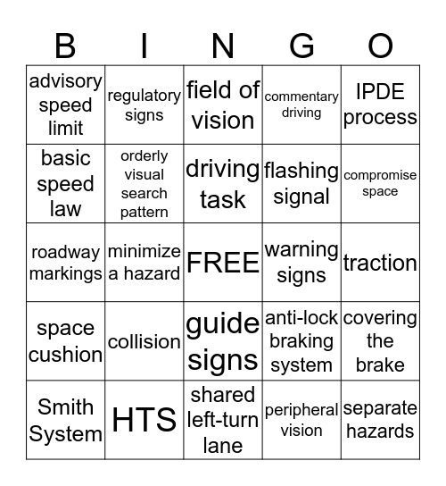 The Driving Task Bingo Card