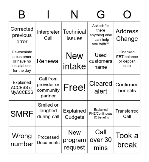 Call Center Bingo Card