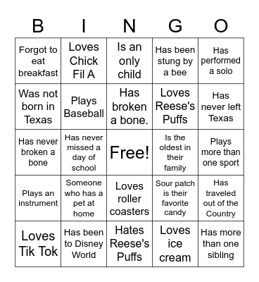 CHOIR FAMILY BINGO Card