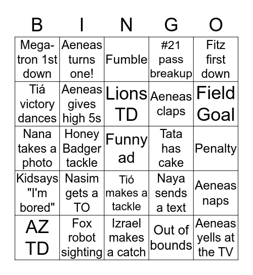Aeneas' Football Birthday Bingo! Bingo Card