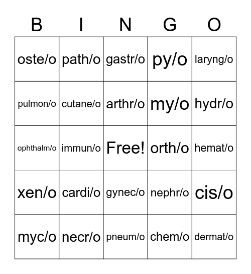 Combining Form Bingo Card