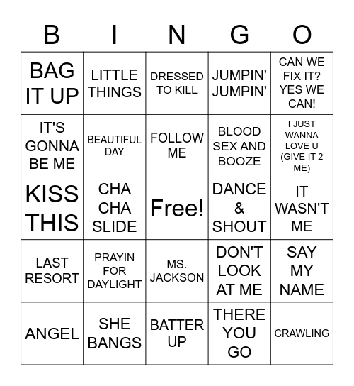 22 YEAR OLD SONGS Bingo Card