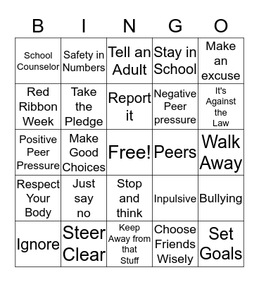 Be Drug Free Bingo Card
