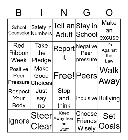 Be Drug Free Bingo Card