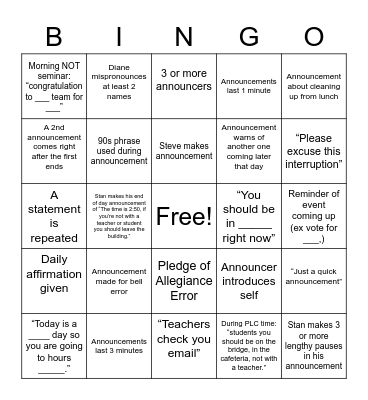 Announcement Bingo Card