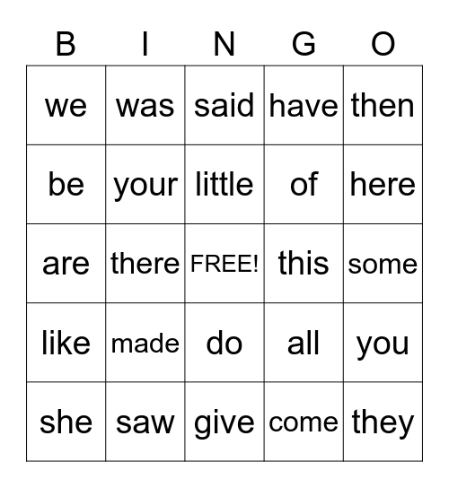 Tricky Words Bingo Card