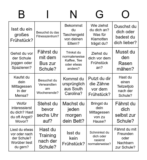 Wer macht das?  Stelle jede Frage auf Deutsch! You may only list the same name twice! Bingo Card
