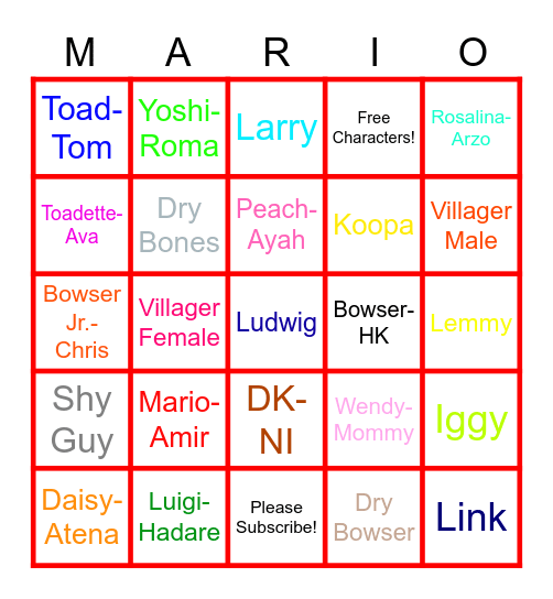 Mario Kart 8 Characters Real Life Bingo Card