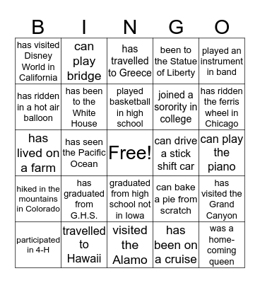 Oh The Places We've Been and What We've Done Bingo Card