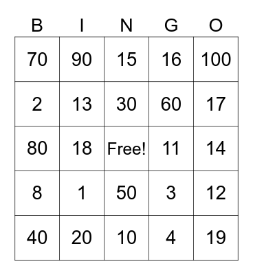 Spanish Numbers Bingo Card