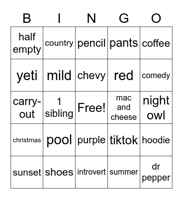 Carly Bingo Card