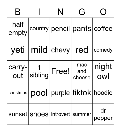 Carly Bingo Card