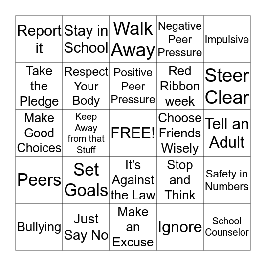 Be Drug Free Bingo Card