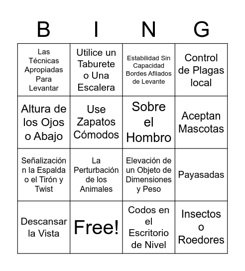 Health and Safety Bingo Card