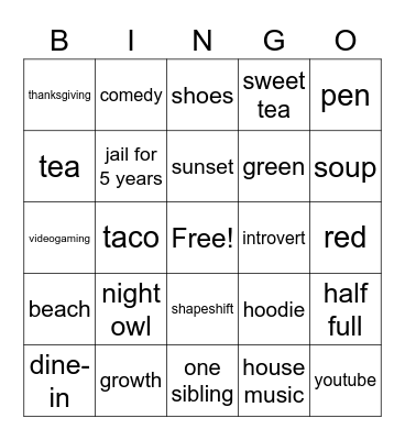 Personality Bingo Card