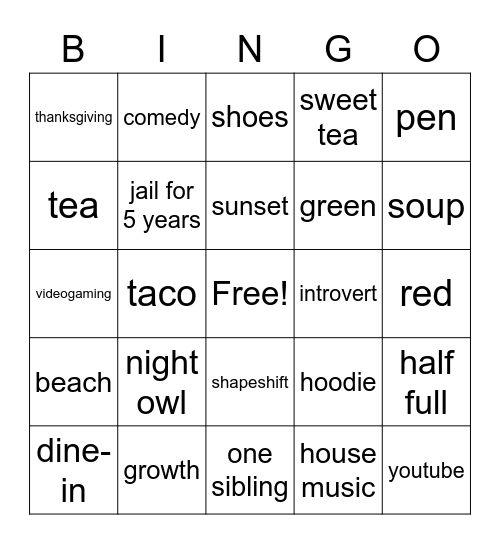 Personality Bingo Card