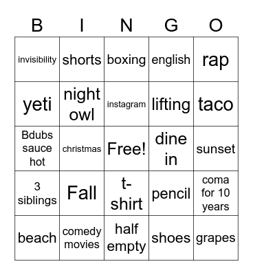 Personality Bingo Card