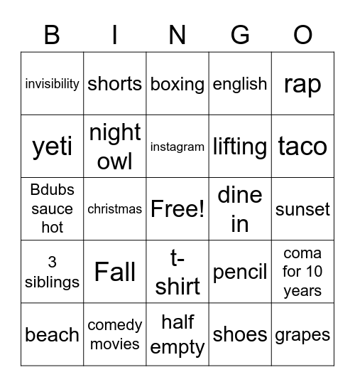 Personality Bingo Card