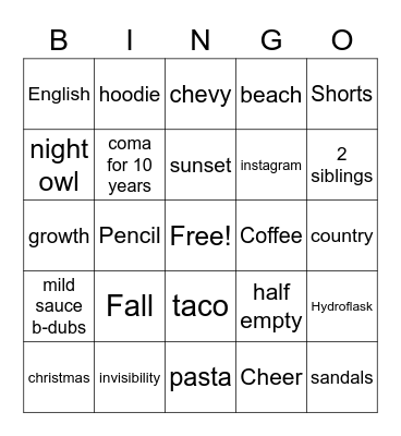 Personality Bingo Card