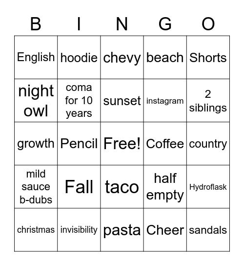 Personality Bingo Card