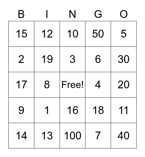 Spanish Numbers Bingo Card