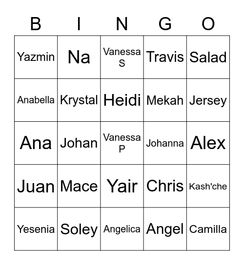 4A Name Bingo Card