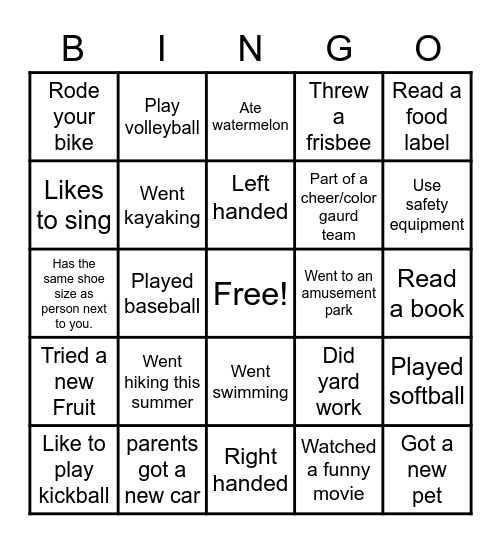 Things I did this summer ! Bingo Card
