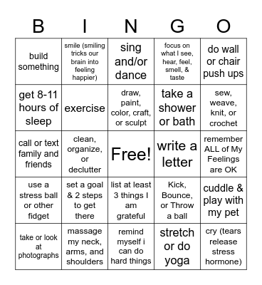 Coping Skills Bingo Card