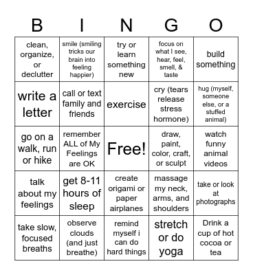 Coping Skills Bingo Card