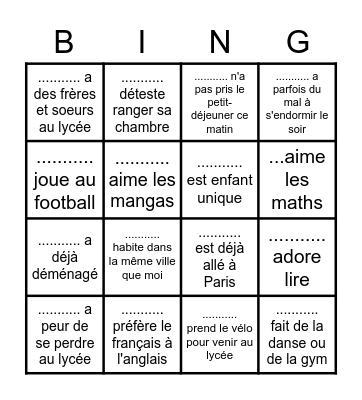 Bingo pour faire connaissance avec ma classe Bingo Card