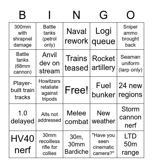 Foxhole 1.0 Devstream Bingo Card